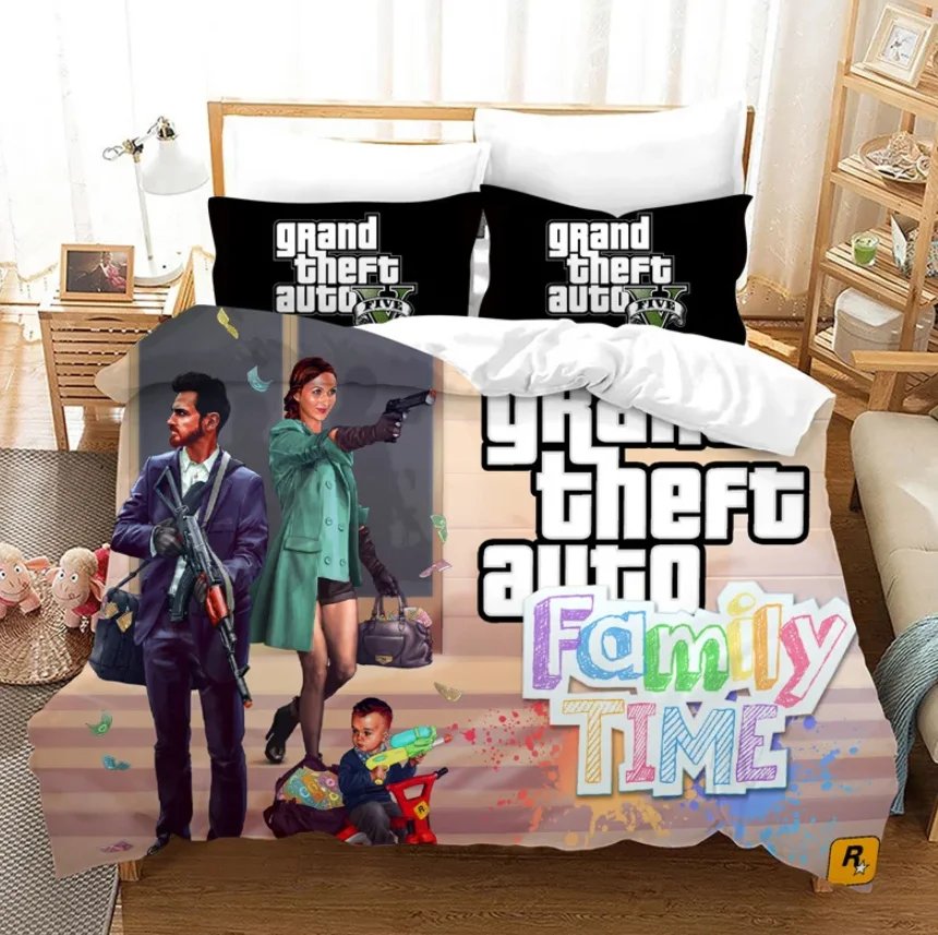 Game GTA V Bedding Set Cartoon Duvet Covers Pillowcase Grand Theft Auto 5 Comforter Bedding Sets Bed Linens Bedclothes(No Sheet)