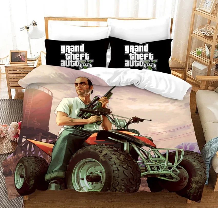 Game GTA V Bedding Set Cartoon Duvet Covers Pillowcase Grand Theft Auto 5 Comforter Bedding Sets Bed Linens Bedclothes(No Sheet)
