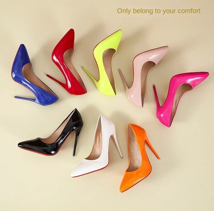Temperament 12cm Super High Thin Heels Shoes Women Pumps Pointed Toe Colorful Patent Leather Stiletto Wedding Shoe Size 45