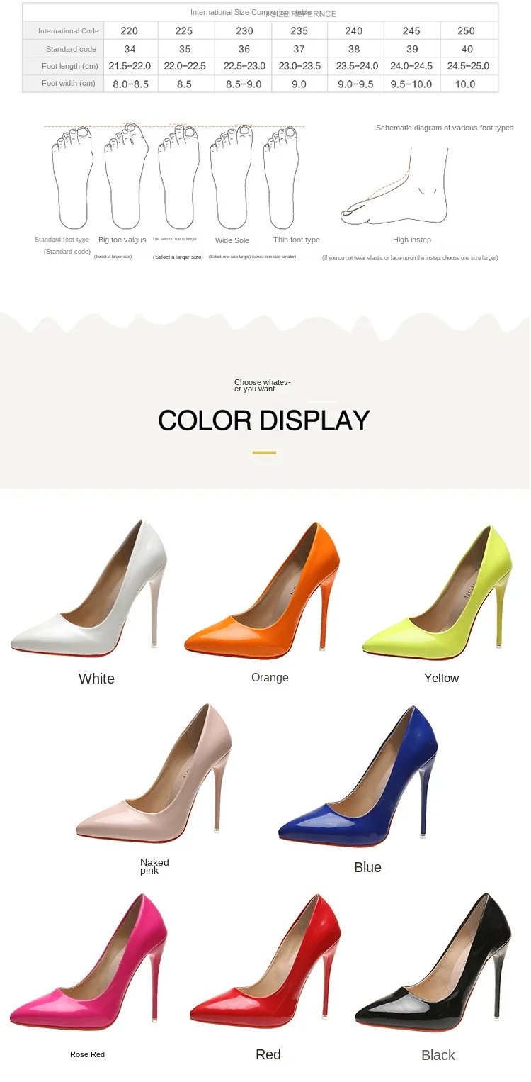 Temperament 12cm Super High Thin Heels Shoes Women Pumps Pointed Toe Colorful Patent Leather Stiletto Wedding Shoe Size 45