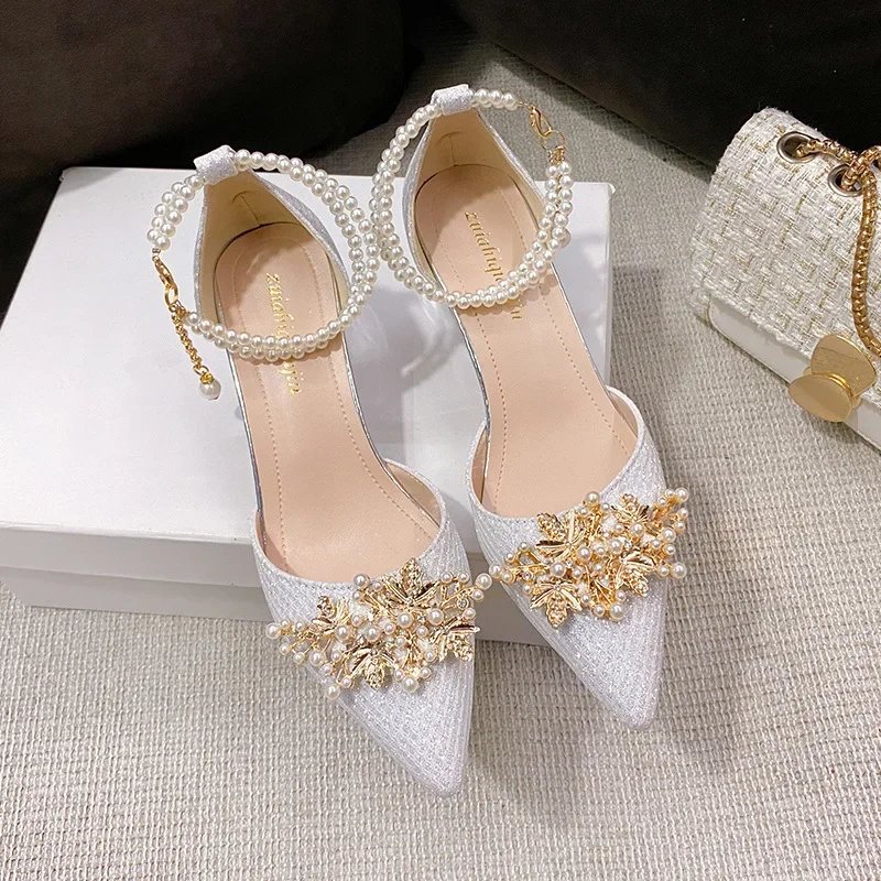 Ladies Shoes on Sale Fashion Pointed Metal Beaded Solid Women's High Heels Summer Leisure Banquet Women Wedding Pump 2024 Ladies Shoes on Sale Fashion Pointed Metal Beaded Solid Women's High Heels Summer Leisure Banquet Women Wedding Pump 2024