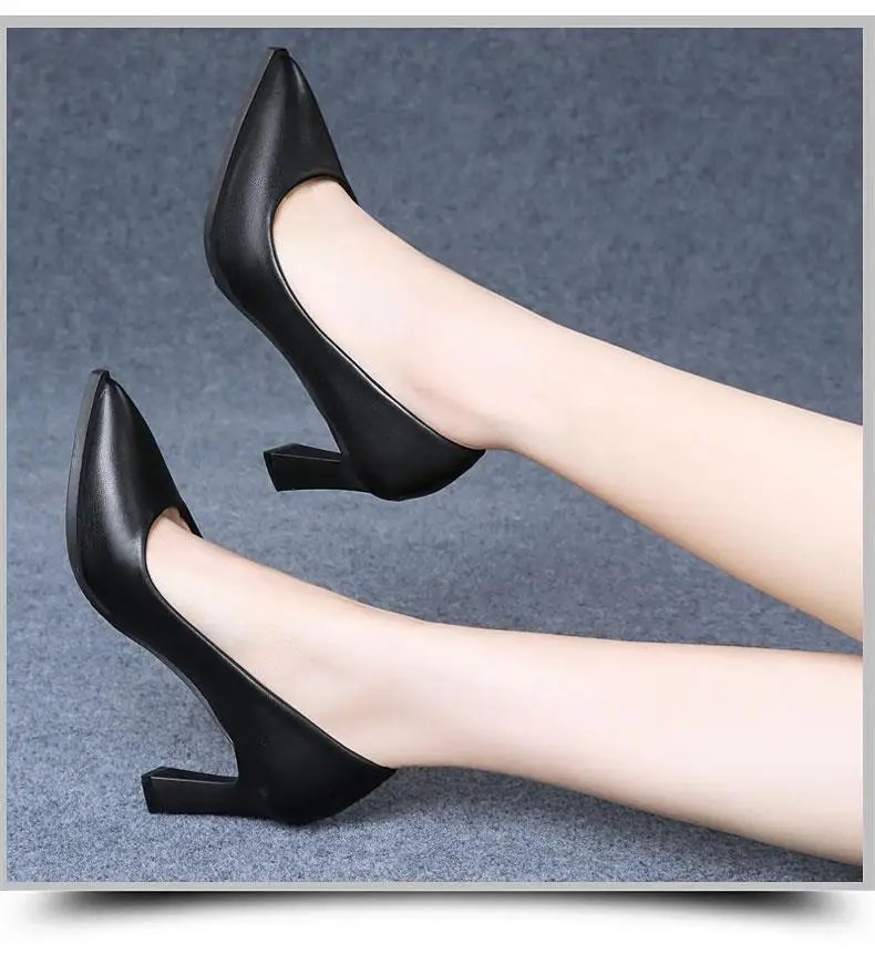 Soft PU Non-slip Single Shoe Work Shoes Women's Pumps Black Professional Interview High Heels Mid Heeled Work Leather Shoes