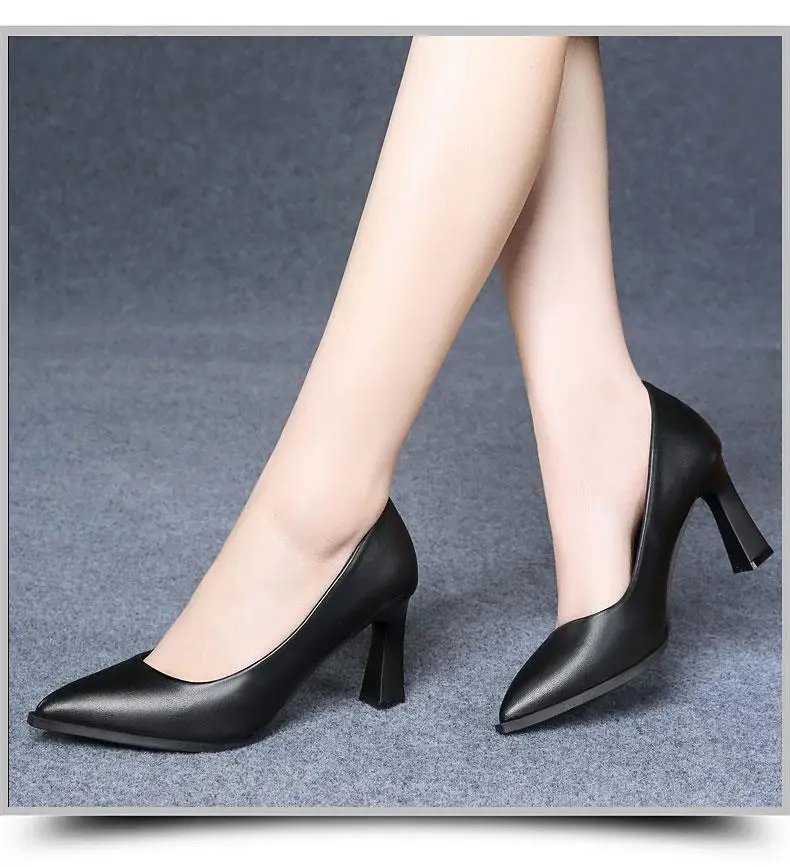 Soft PU Non-slip Single Shoe Work Shoes Women's Pumps Black Professional Interview High Heels Mid Heeled Work Leather Shoes