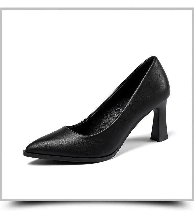 Soft PU Non-slip Single Shoe Work Shoes Women's Pumps Black Professional Interview High Heels Mid Heeled Work Leather Shoes