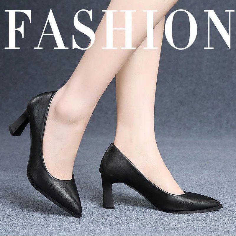 Soft PU Non-slip Single Shoe Work Shoes Women's Pumps Black Professional Interview High Heels Mid Heeled Work Leather Shoes