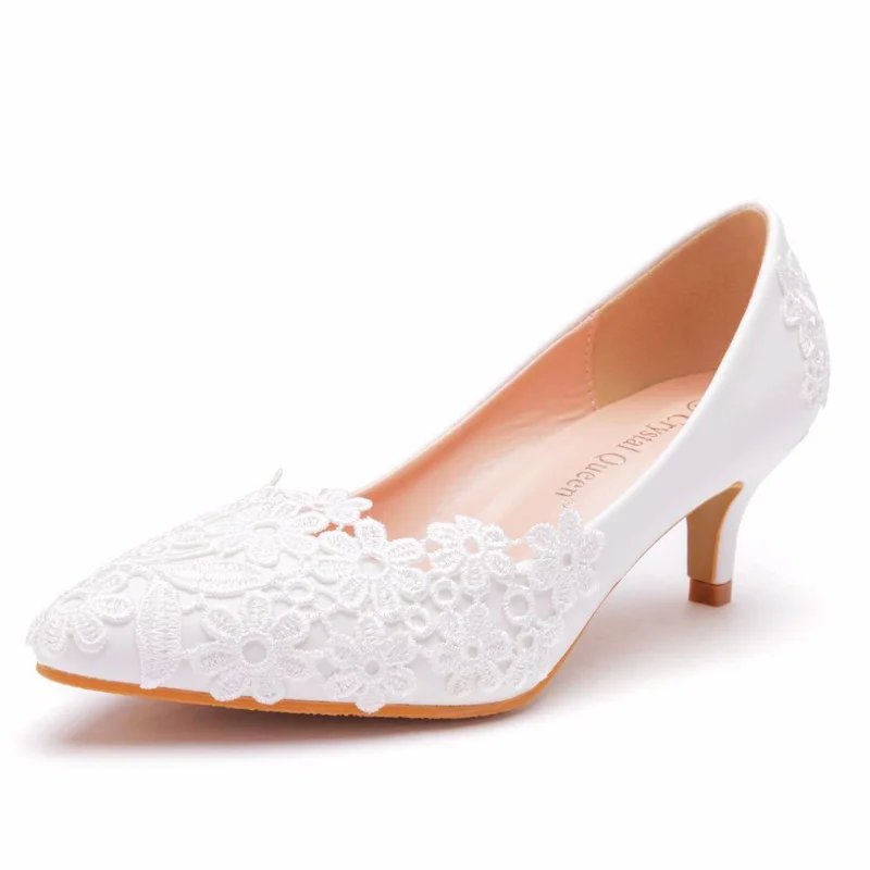 XIHAHA Fashion Women's Crystal Queen White Lace Flower Wedding Shoes Woman Point Toe Slips Lady Dress Flats Sneaker Big Size 43