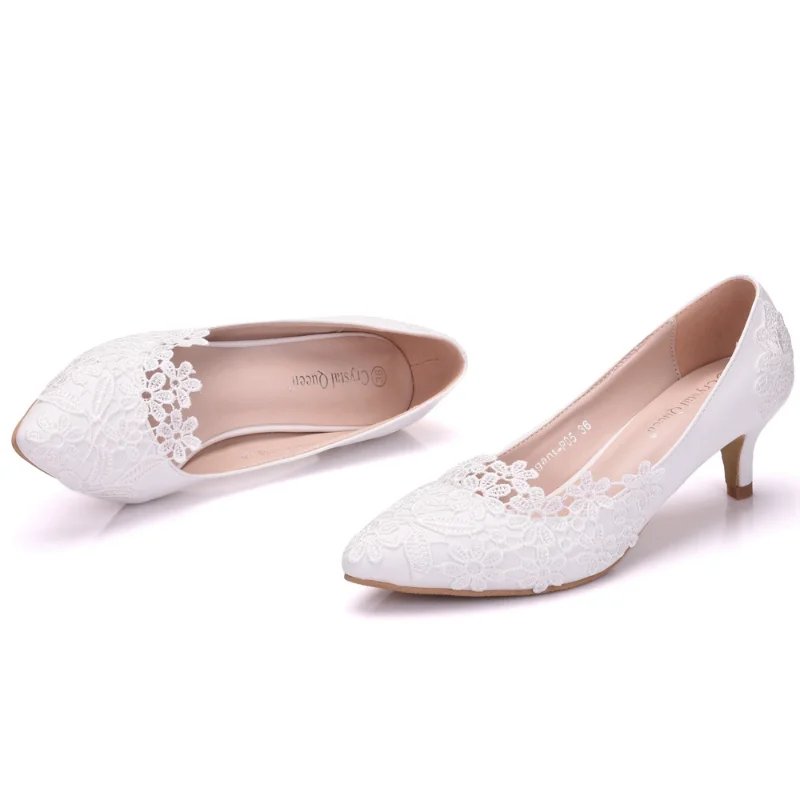 XIHAHA Fashion Women's Crystal Queen White Lace Flower Wedding Shoes Woman Point Toe Slips Lady Dress Flats Sneaker Big Size 43