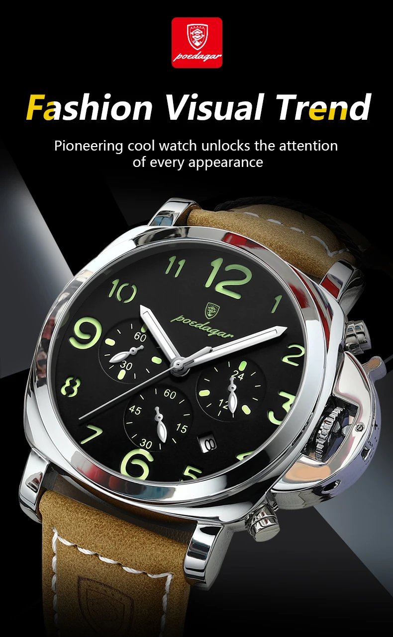 POEDAGAR Luxury Military Watch For Men Waterproof Luminous Leather Man Watch Quartz High Quality Men's Sports Watches Male Reloj