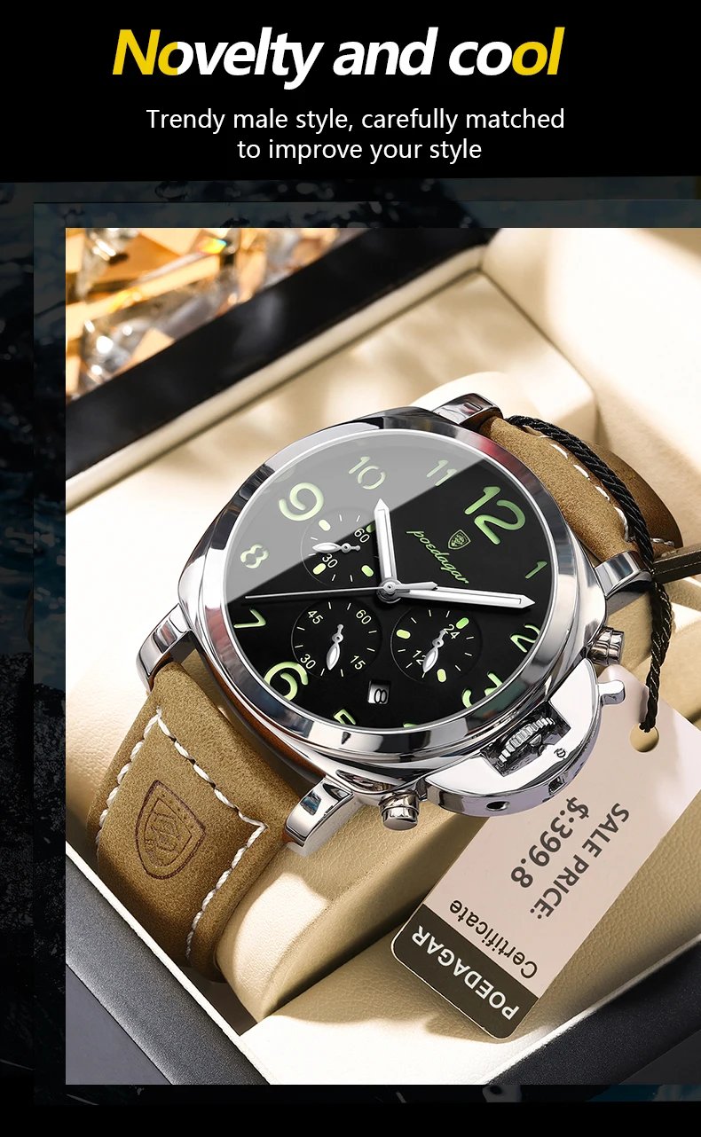 POEDAGAR Luxury Military Watch For Men Waterproof Luminous Leather Man Watch Quartz High Quality Men's Sports Watches Male Reloj
