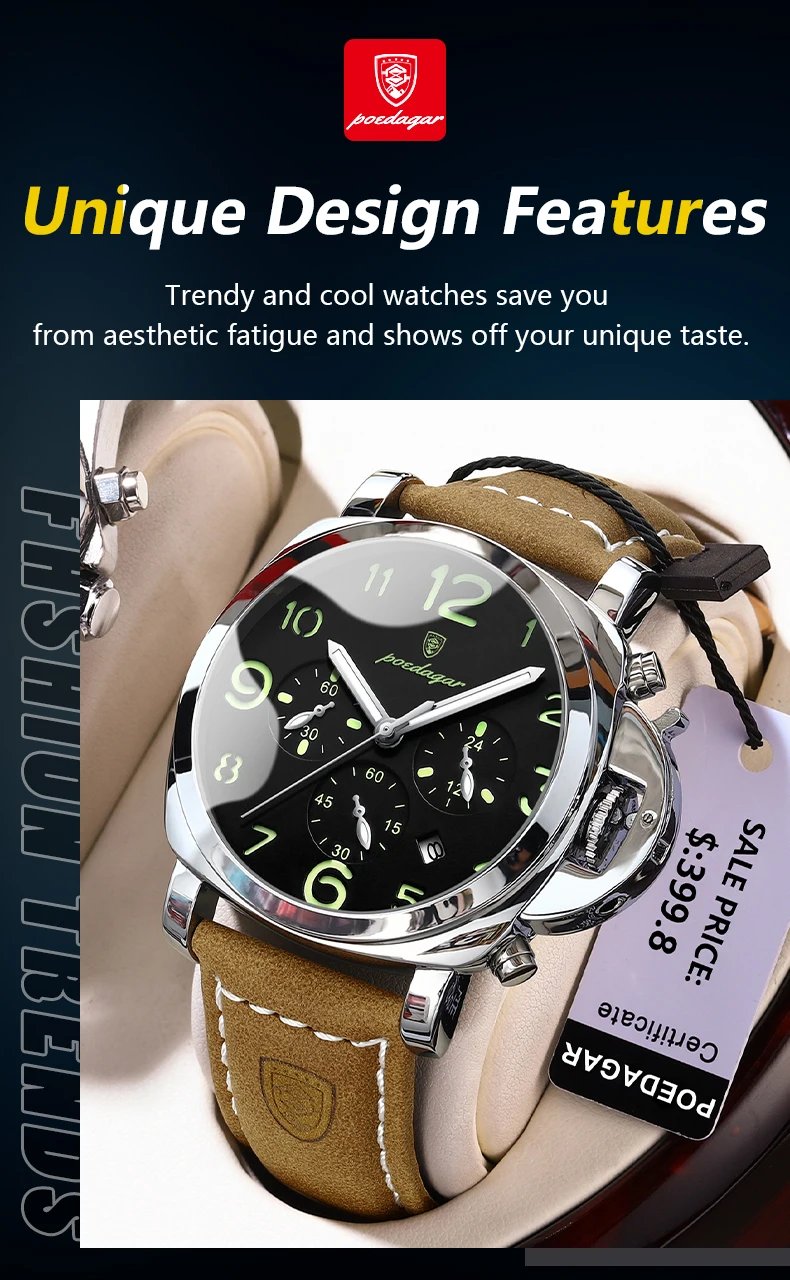 POEDAGAR Luxury Military Watch For Men Waterproof Luminous Leather Man Watch Quartz High Quality Men's Sports Watches Male Reloj