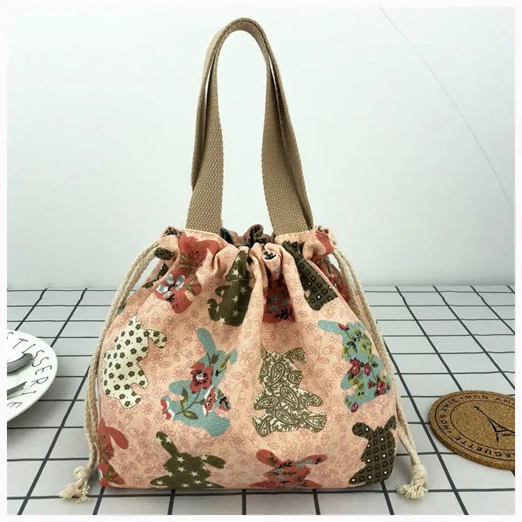 Japanese Cute Bento Bag Tote Canvas Lunch Bags Cartoon Anime Drawstring Bag Foldable Holds Two Lunch Boxes