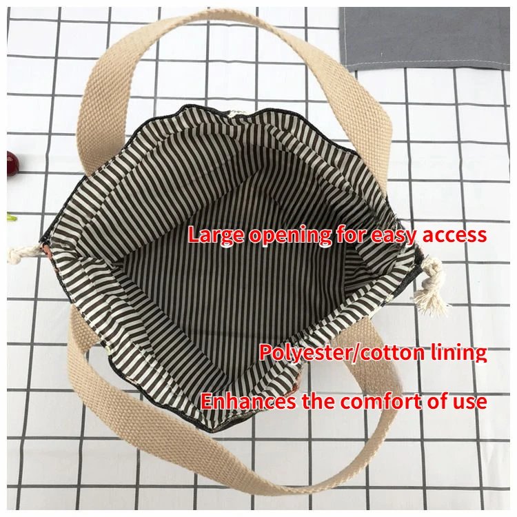 Japanese Cute Bento Bag Tote Canvas Lunch Bags Cartoon Anime Drawstring Bag Foldable Holds Two Lunch Boxes