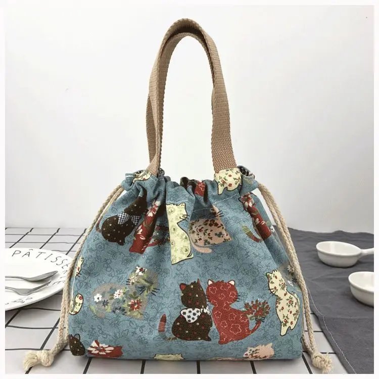 Japanese Cute Bento Bag Tote Canvas Lunch Bags Cartoon Anime Drawstring Bag Foldable Holds Two Lunch Boxes