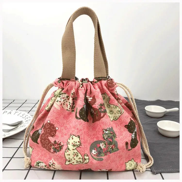 Japanese Cute Bento Bag Tote Canvas Lunch Bags Cartoon Anime Drawstring Bag Foldable Holds Two Lunch Boxes