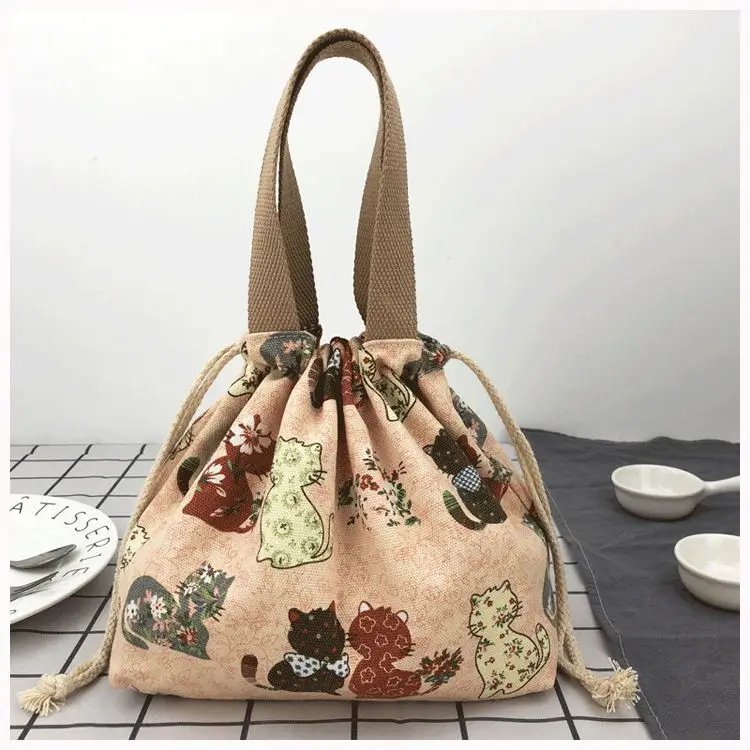Japanese Cute Bento Bag Tote Canvas Lunch Bags Cartoon Anime Drawstring Bag Foldable Holds Two Lunch Boxes