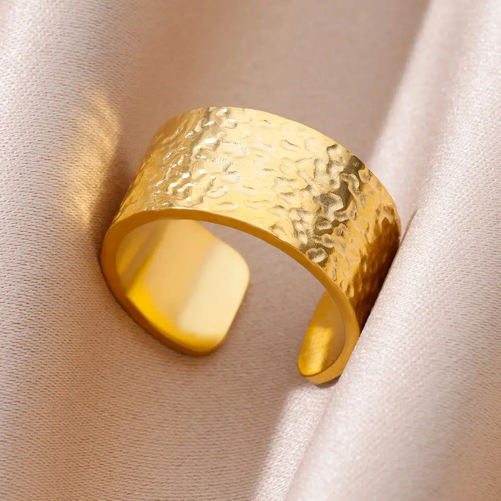 Stainless Steel Rings for Women 18K Gold Plated Couple Jewelry Aesthetic Accessorie Adjustable Punk Embossed Hollow Wide Ring