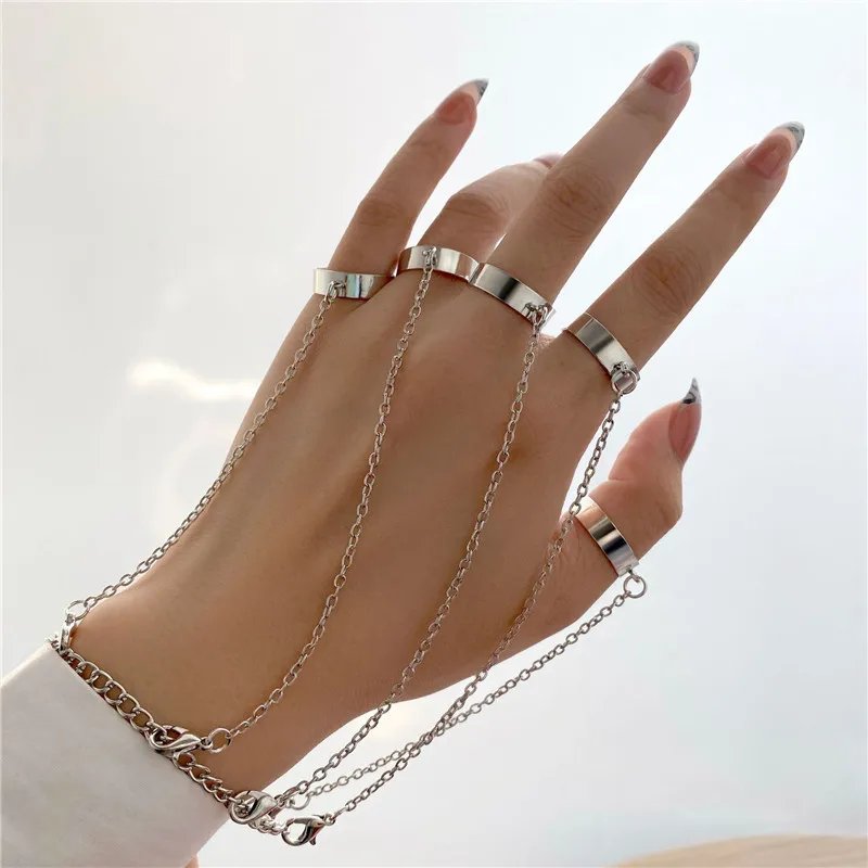 Modyle Punk Geometric Silver Color Chain Wrist Rings For Women Men Charm Hip Hop Chain Open Rings Set Couple Fashion Jewelry