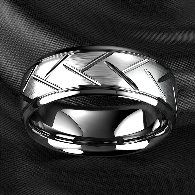 Fashion Men&rsquo;s Silver Color Black Stainless Steel Ring Groove Multi-Faceted Ring For Men Women Engagement Ring Anniversary Gifts