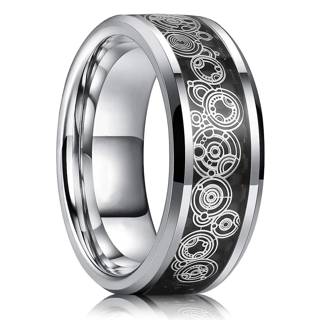 Fashion Men&rsquo;s Silver Color Black Stainless Steel Ring Groove Multi-Faceted Ring For Men Women Engagement Ring Anniversary Gifts