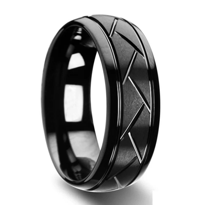 Fashion Men&rsquo;s Silver Color Black Stainless Steel Ring Groove Multi-Faceted Ring For Men Women Engagement Ring Anniversary Gifts