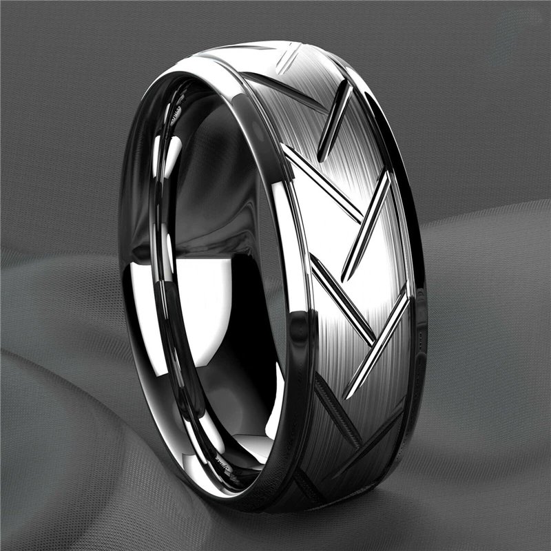 Fashion Men&rsquo;s Silver Color Black Stainless Steel Ring Groove Multi-Faceted Ring For Men Women Engagement Ring Anniversary Gifts