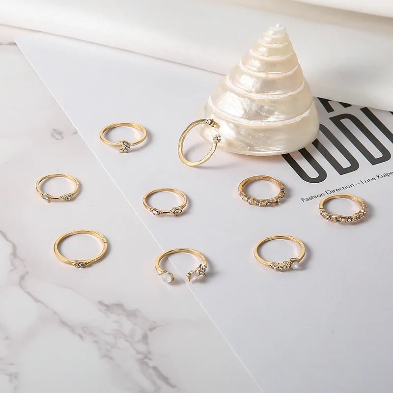 Boho Zircon Rings Set Gold Color Women Bohemia Crystal Letter LOVE Heart Moon Arrow Flower Ring Lovers Wedding Jewelry Gifts