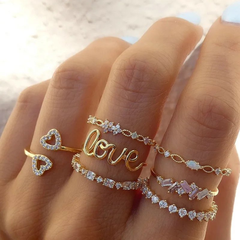 Boho Zircon Rings Set Gold Color Women Bohemia Crystal Letter LOVE Heart Moon Arrow Flower Ring Lovers Wedding Jewelry Gifts