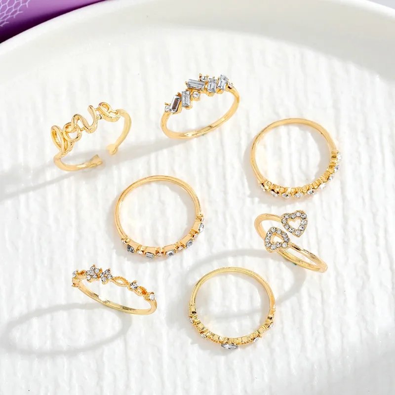 Boho Zircon Rings Set Gold Color Women Bohemia Crystal Letter LOVE Heart Moon Arrow Flower Ring Lovers Wedding Jewelry Gifts