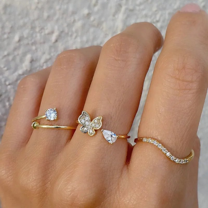 Boho Zircon Rings Set Gold Color Women Bohemia Crystal Letter LOVE Heart Moon Arrow Flower Ring Lovers Wedding Jewelry Gifts