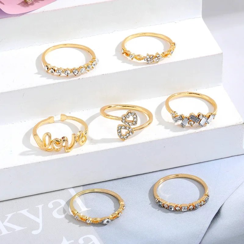 Boho Zircon Rings Set Gold Color Women Bohemia Crystal Letter LOVE Heart Moon Arrow Flower Ring Lovers Wedding Jewelry Gifts