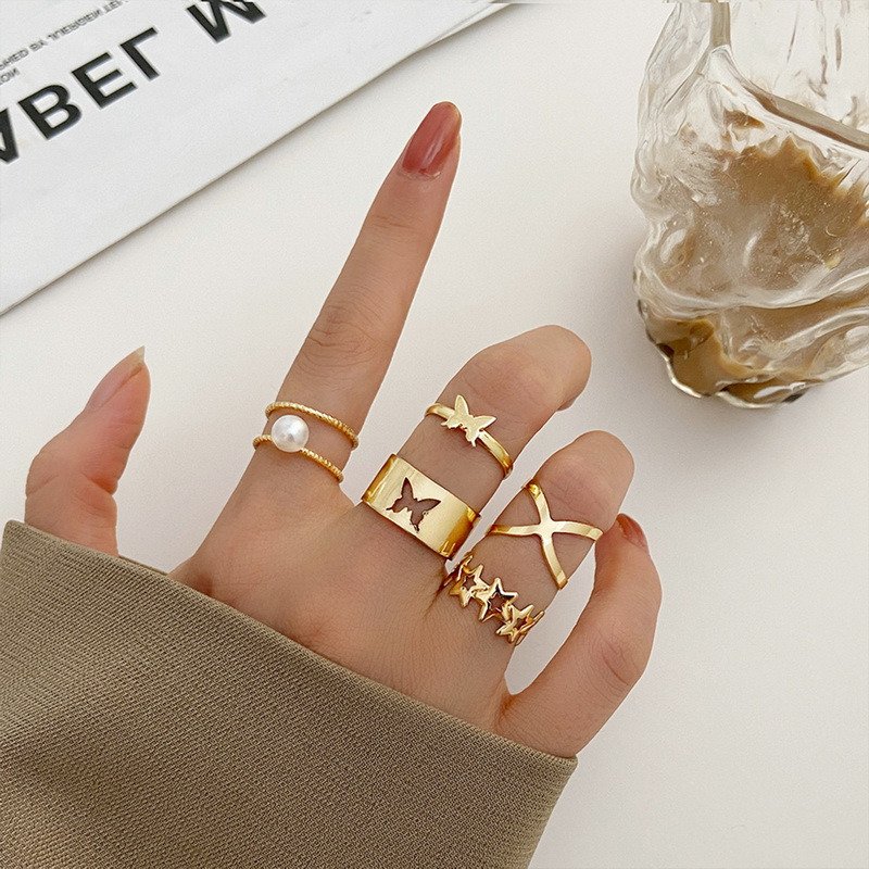 Boho Zircon Rings Set Gold Color Women Bohemia Crystal Letter LOVE Heart Moon Arrow Flower Ring Lovers Wedding Jewelry Gifts
