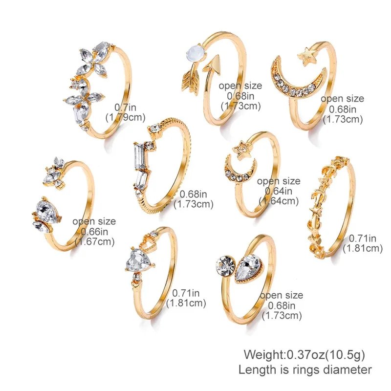 Boho Zircon Rings Set Gold Color Women Bohemia Crystal Letter LOVE Heart Moon Arrow Flower Ring Lovers Wedding Jewelry Gifts