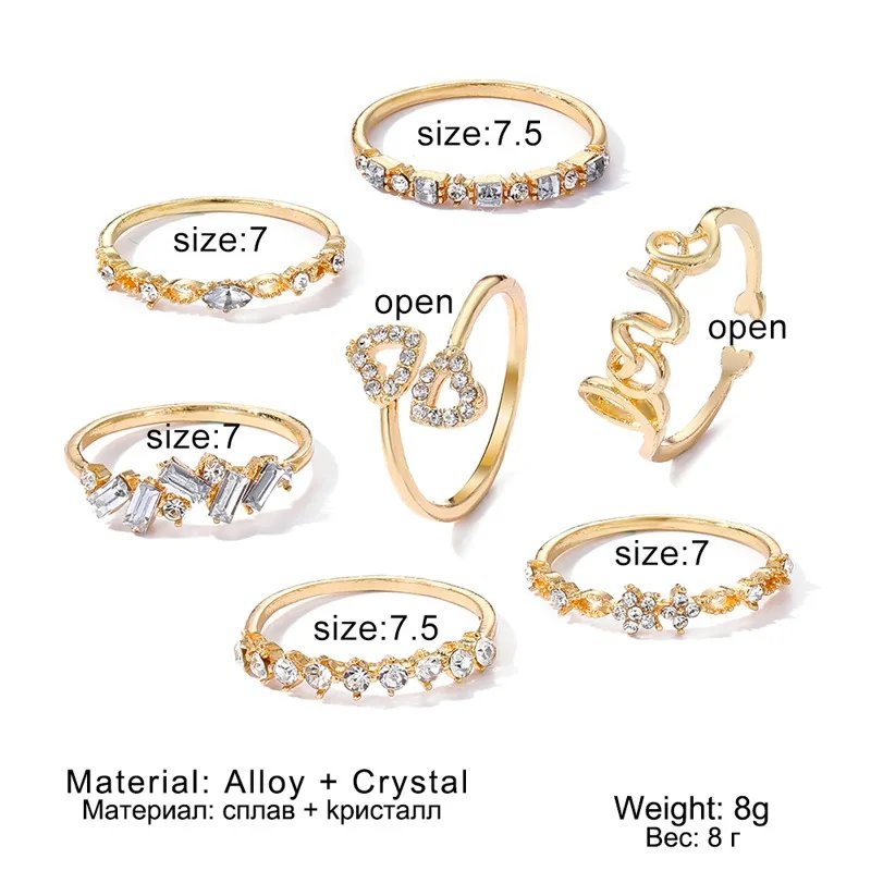 Boho Zircon Rings Set Gold Color Women Bohemia Crystal Letter LOVE Heart Moon Arrow Flower Ring Lovers Wedding Jewelry Gifts