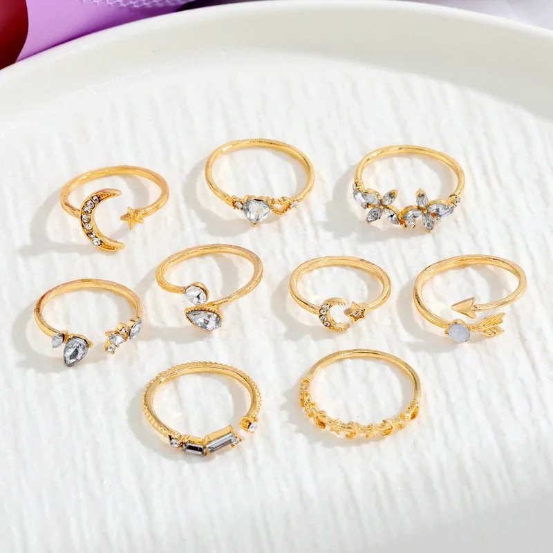 Boho Zircon Rings Set Gold Color Women Bohemia Crystal Letter LOVE Heart Moon Arrow Flower Ring Lovers Wedding Jewelry Gifts