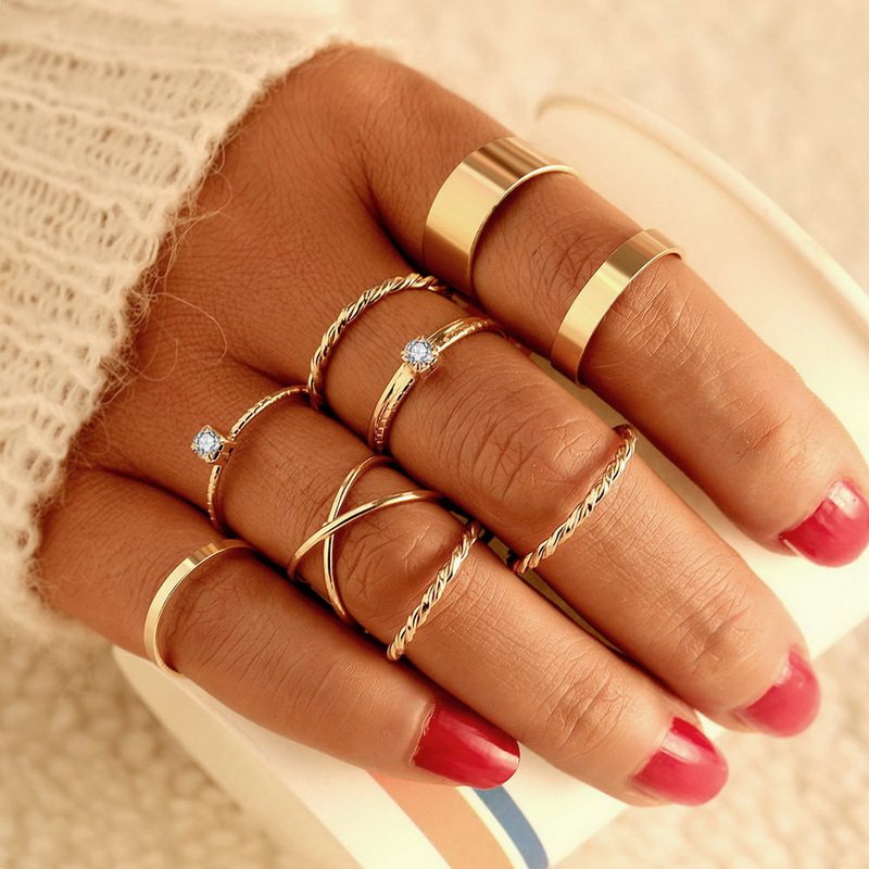 Boho Zircon Rings Set Gold Color Women Bohemia Crystal Letter LOVE Heart Moon Arrow Flower Ring Lovers Wedding Jewelry Gifts