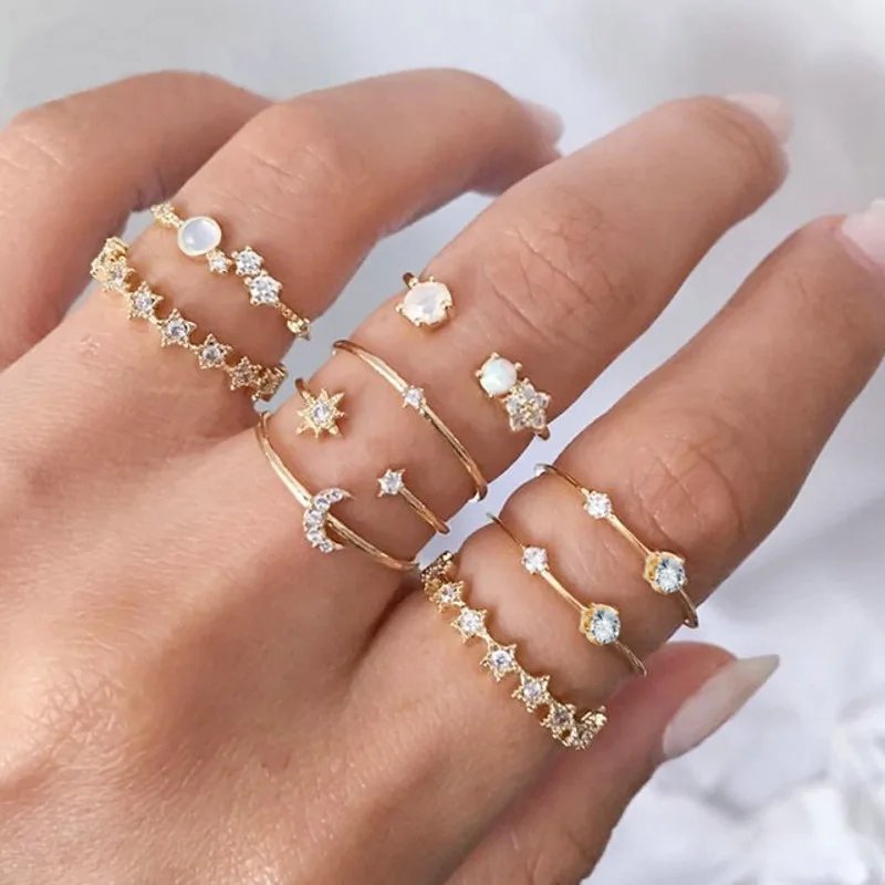 Boho Zircon Rings Set Gold Color Women Bohemia Crystal Letter LOVE Heart Moon Arrow Flower Ring Lovers Wedding Jewelry Gifts