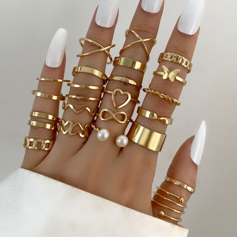 Boho Zircon Rings Set Gold Color Women Bohemia Crystal Letter LOVE Heart Moon Arrow Flower Ring Lovers Wedding Jewelry Gifts