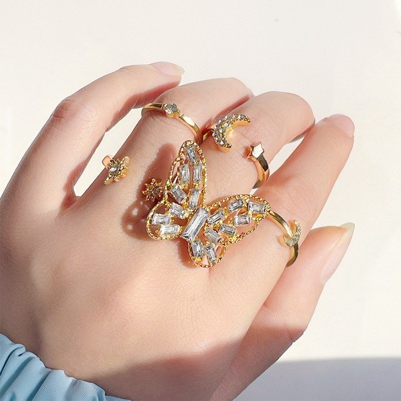 Boho Zircon Rings Set Gold Color Women Bohemia Crystal Letter LOVE Heart Moon Arrow Flower Ring Lovers Wedding Jewelry Gifts
