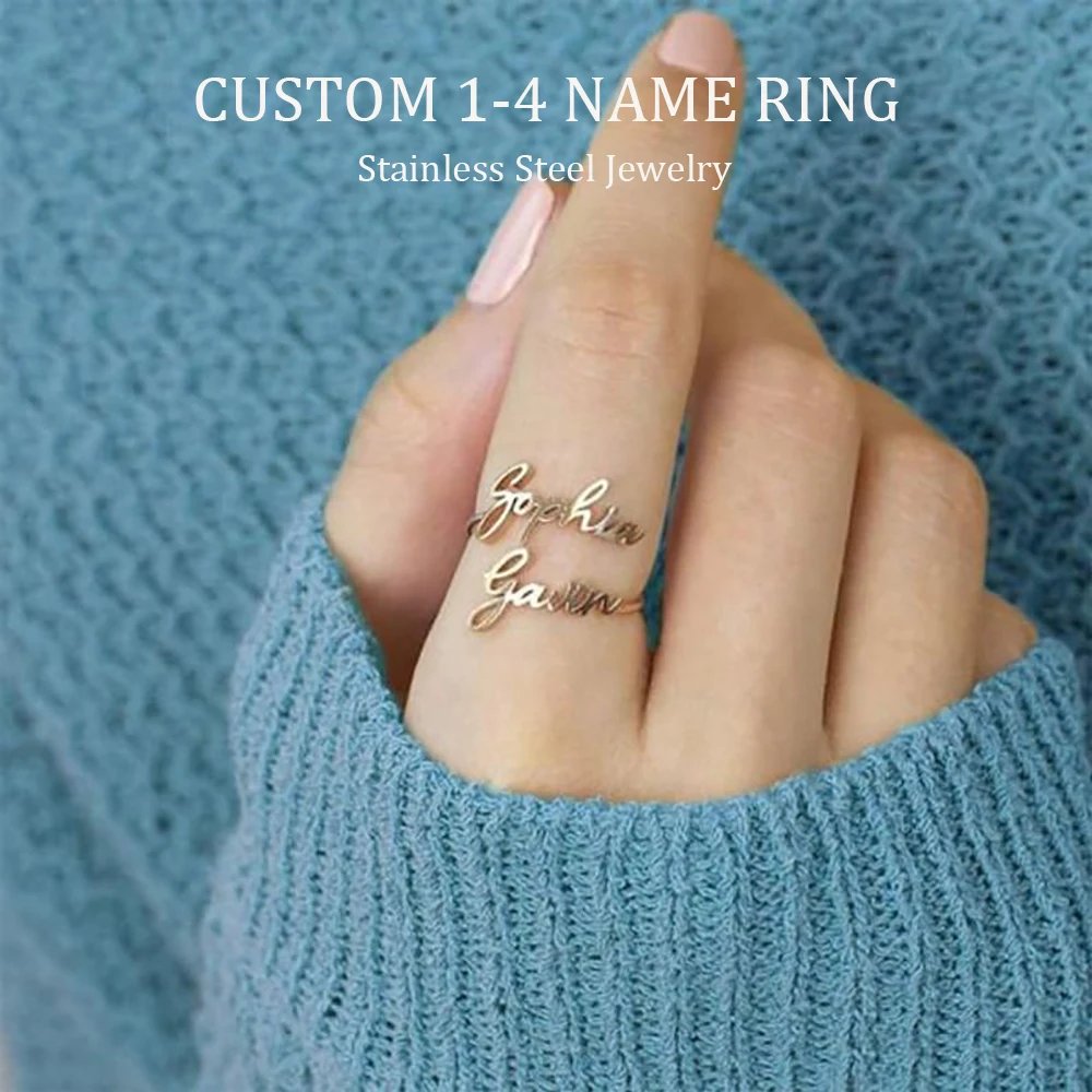 Personalised Custom Double Names Ring Gold Stainless Steel Open Adjustable Couple Promise Rings for Women Romantic Jewelry Gifts