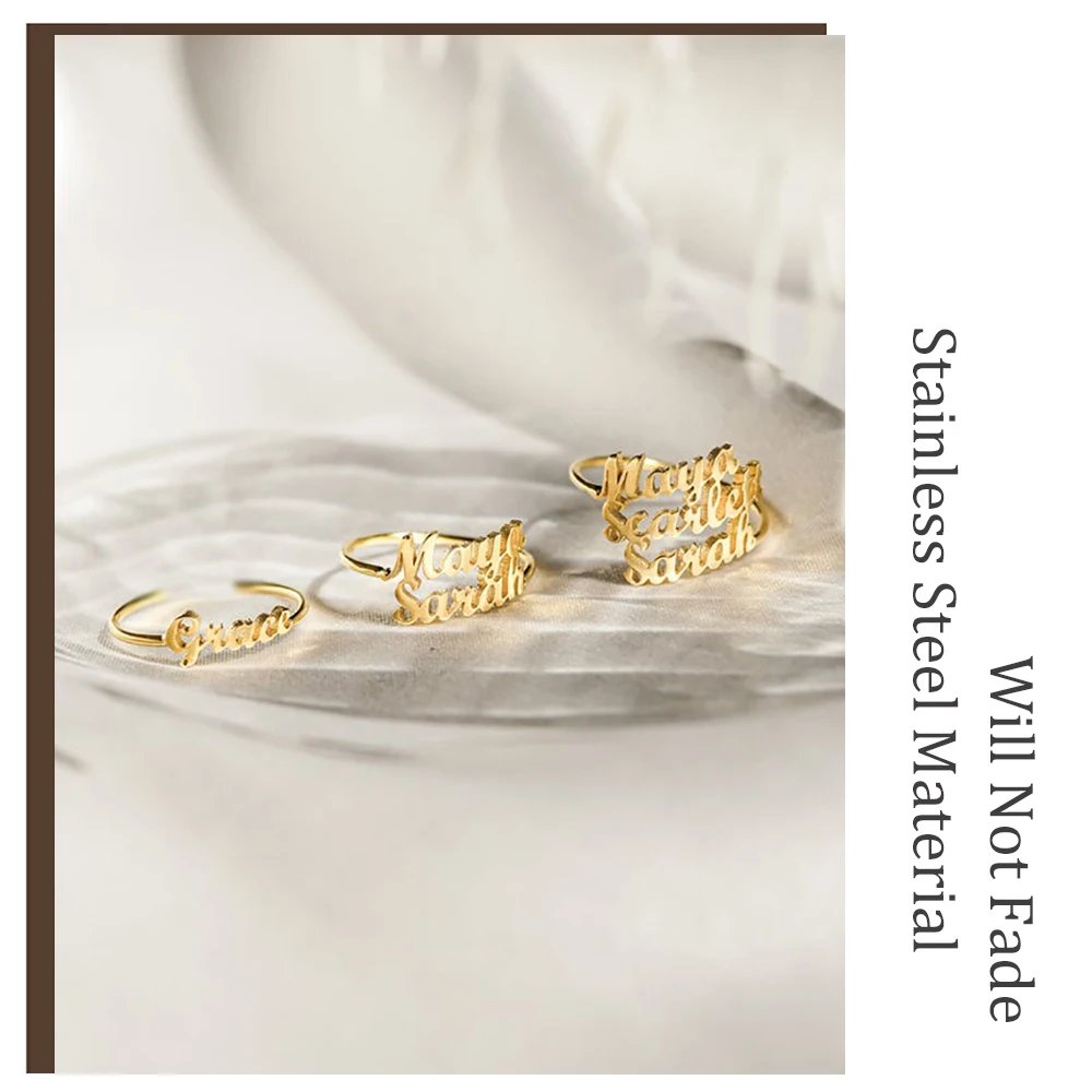 Personalised Custom Double Names Ring Gold Stainless Steel Open Adjustable Couple Promise Rings for Women Romantic Jewelry Gifts