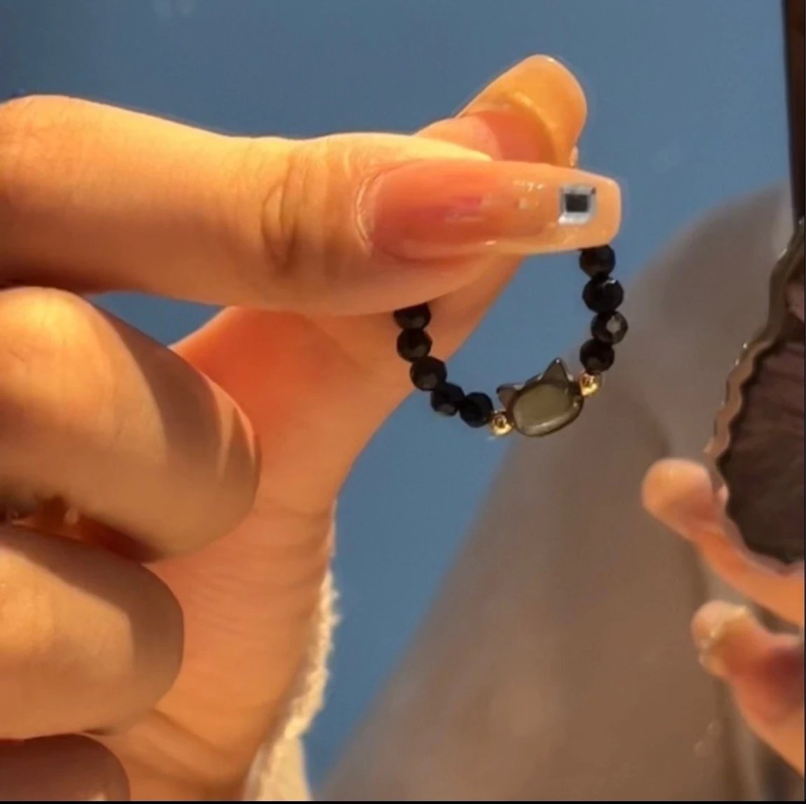 Natural Moonstone Obsidian Rings Beads Minimalist Fidget Ring Handmade Cute Black White Cat Ring Women Party Accessories Jewelry