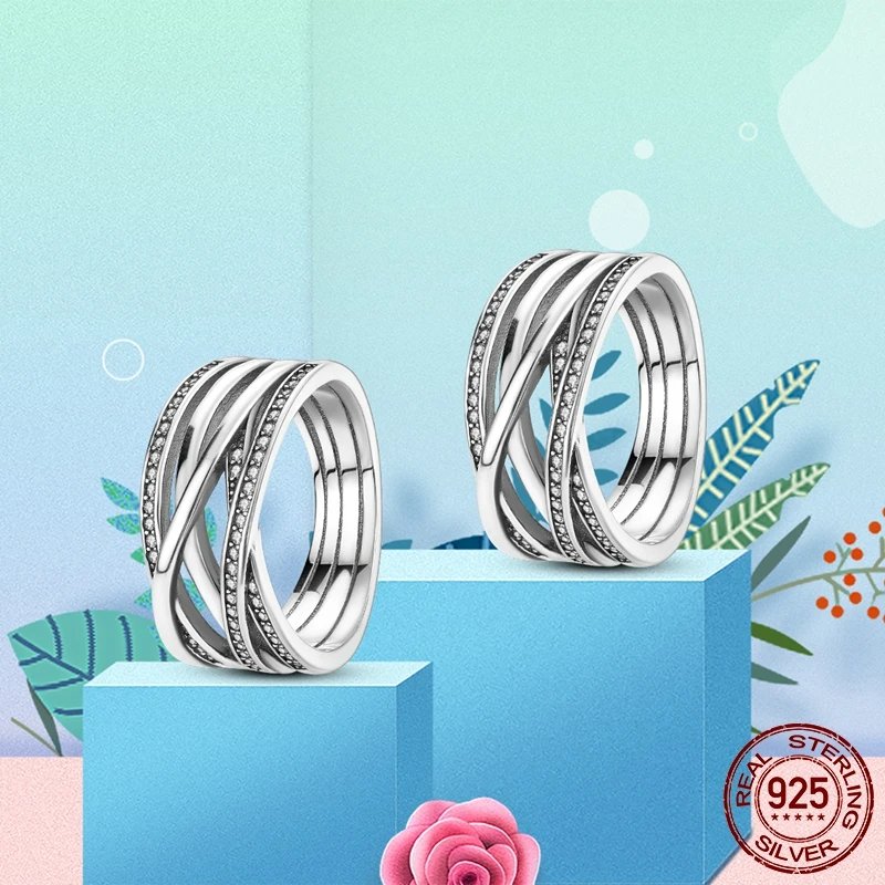 Women Silver Finger Rings for Women Original 925 Sterling Silver Cocktail Ring Geometric Cubic Zircon Heart Wedding Jewelry