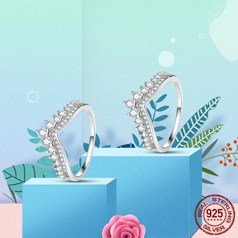Women Silver Finger Rings for Women Original 925 Sterling Silver Cocktail Ring Geometric Cubic Zircon Heart Wedding Jewelry