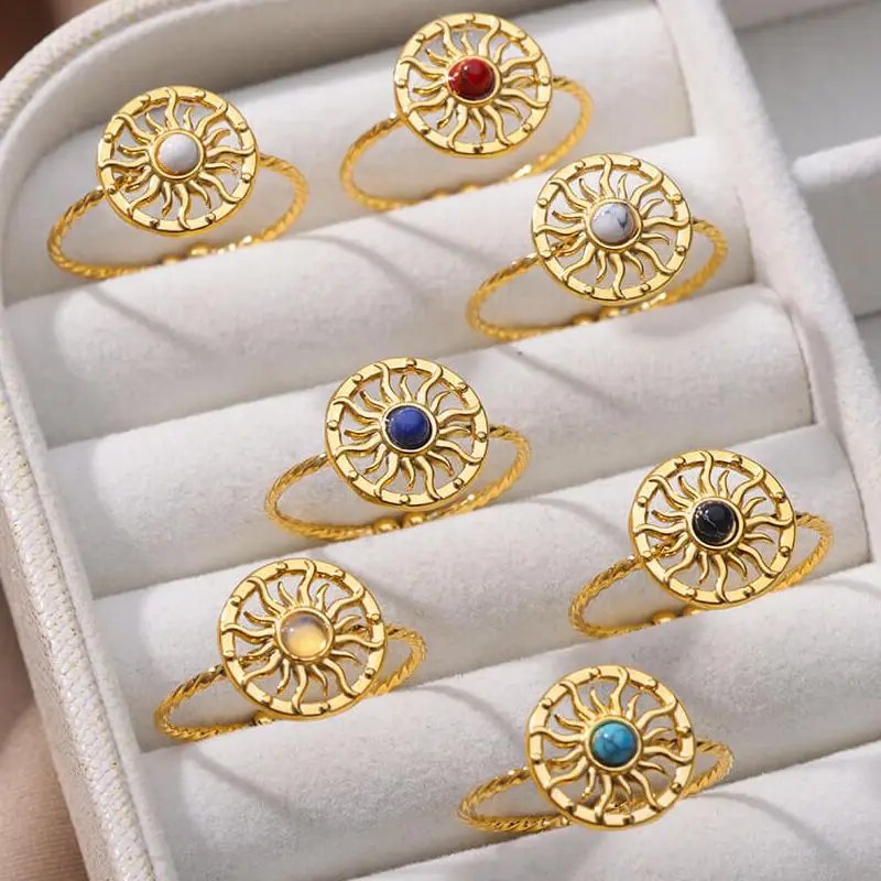 Stainless Steel Opal Stone Rings For Women Gold Plated Sun Star Wedding Couple Adjustable Ring Aesthetic Jewelry Free Shipping