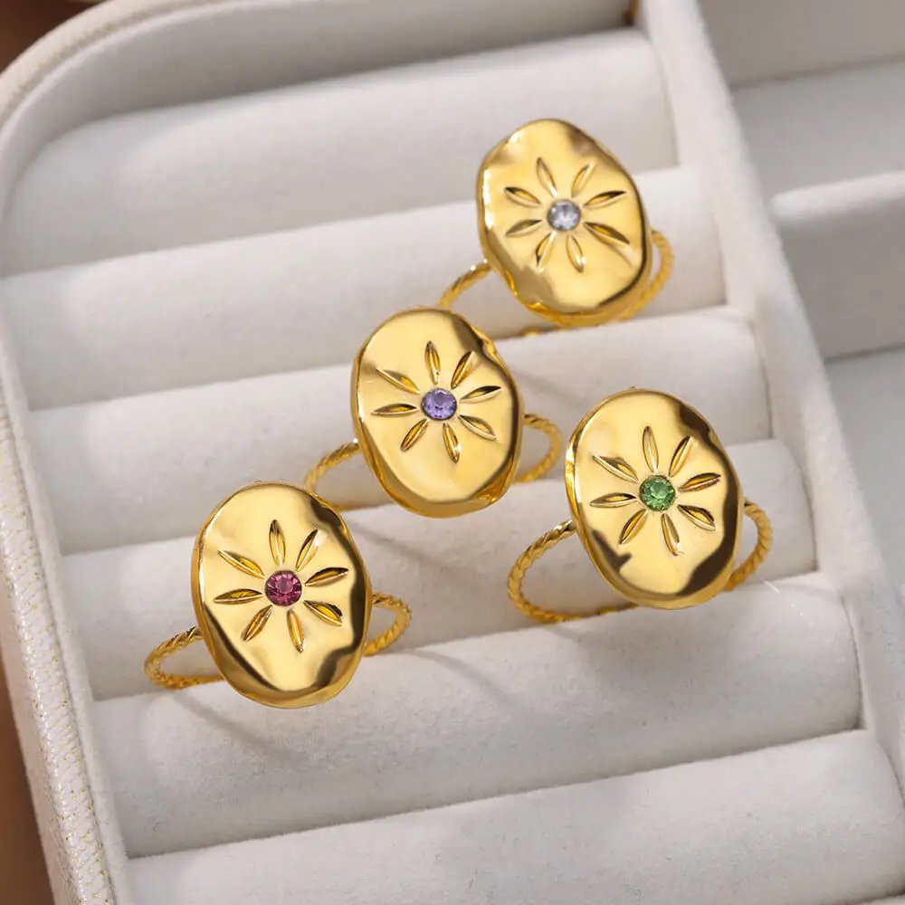 Stainless Steel Opal Stone Rings For Women Gold Plated Sun Star Wedding Couple Adjustable Ring Aesthetic Jewelry Free Shipping