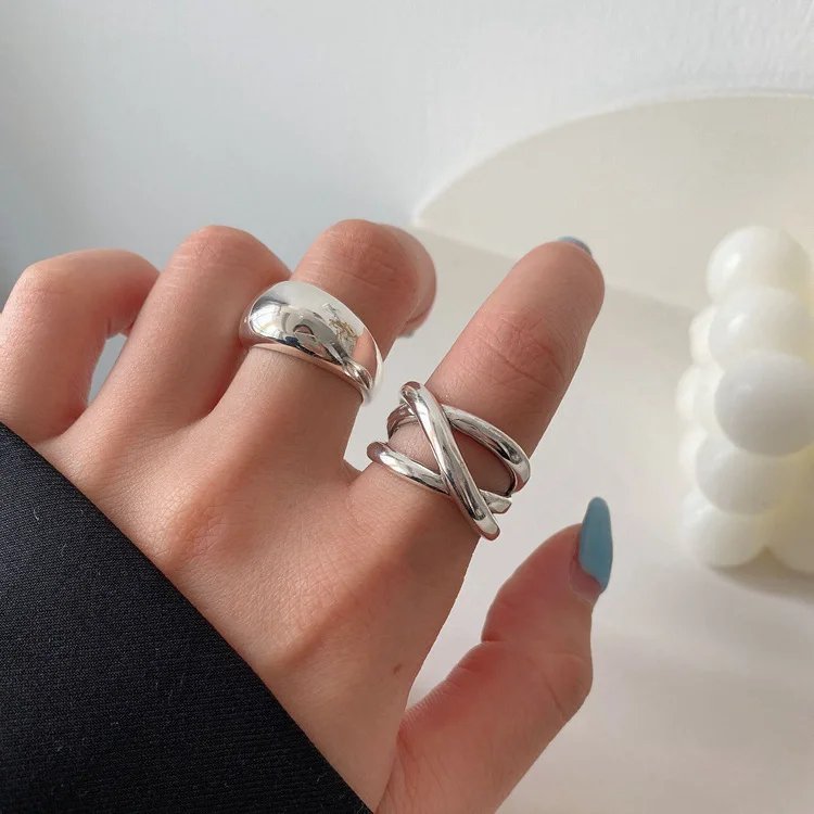 925 Sterling Silver Irregular Water Droplets Cross Ring Female Simple Retro Style Handmade Jewelry