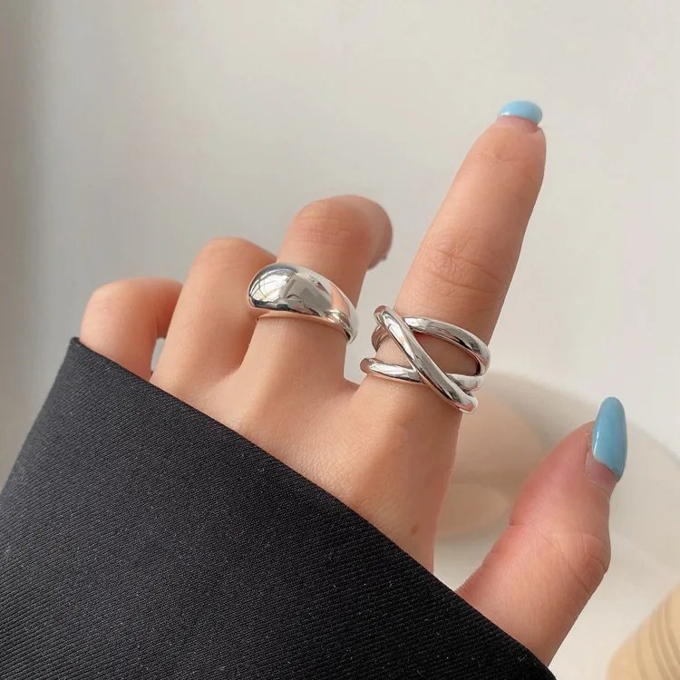 925 Sterling Silver Irregular Water Droplets Cross Ring Female Simple Retro Style Handmade Jewelry