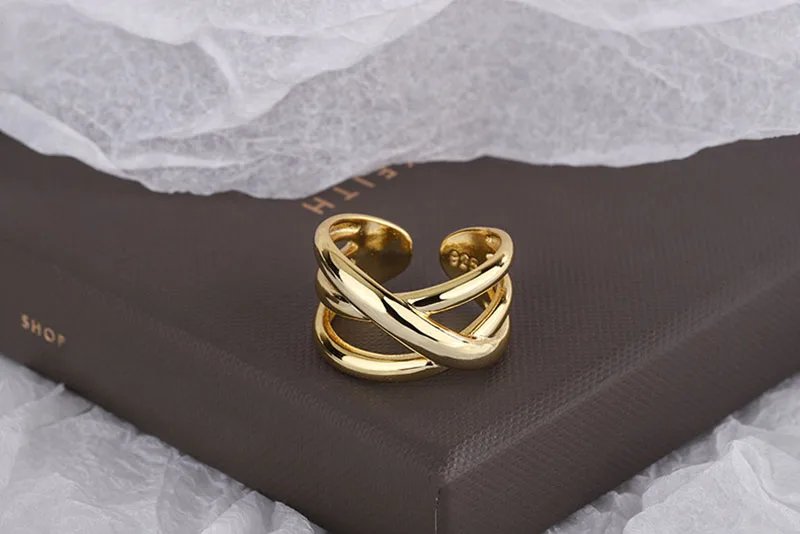 925 Sterling Silver Irregular Water Droplets Cross Ring Female Simple Retro Style Handmade Jewelry