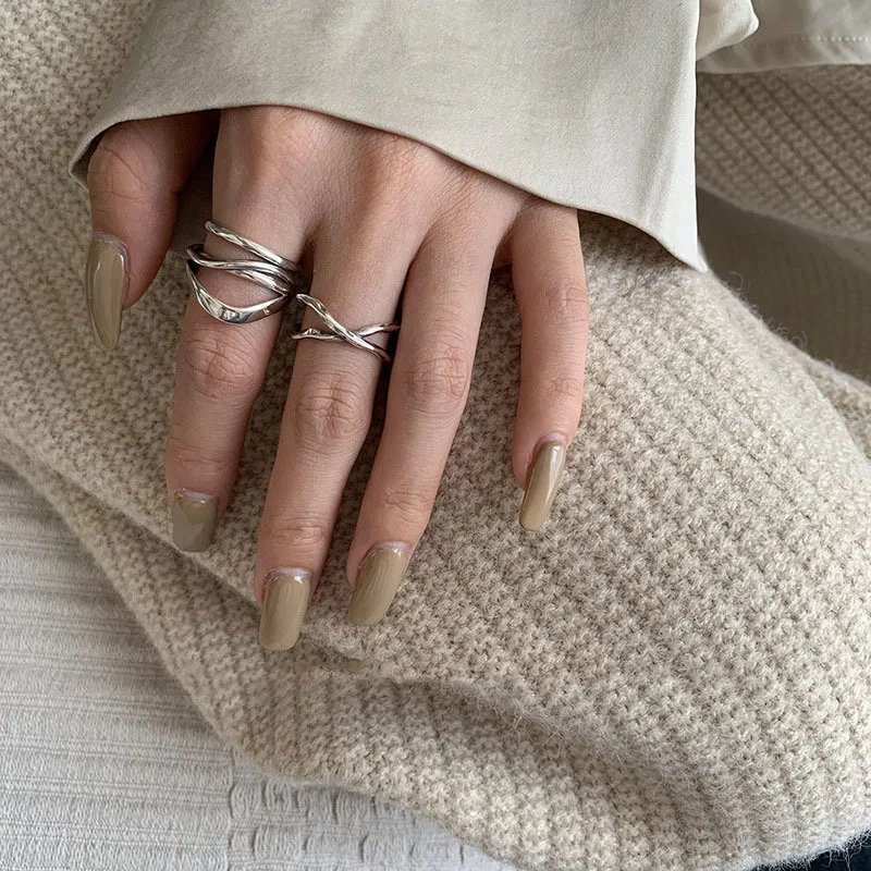 925 Sterling Silver Irregular Water Droplets Cross Ring Female Simple Retro Style Handmade Jewelry