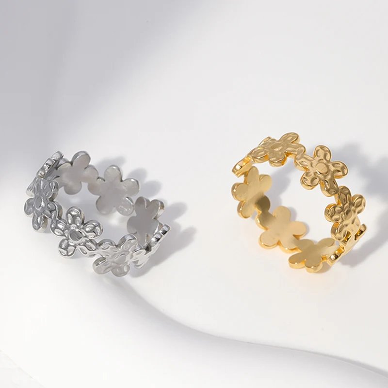 Trendy Stainless Steel Rings for Women Flower Heart Adjustable Finger Ring Fashion Party Jewelry Geometric Aesthetic Open Ring